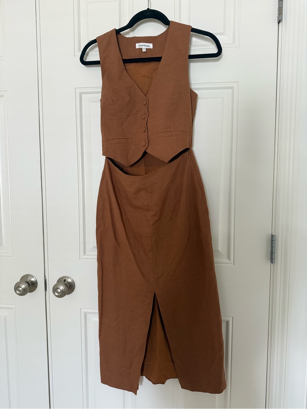 Heartloom Tan Midi Dress with Buttoned Vest - Picture 3 of 6